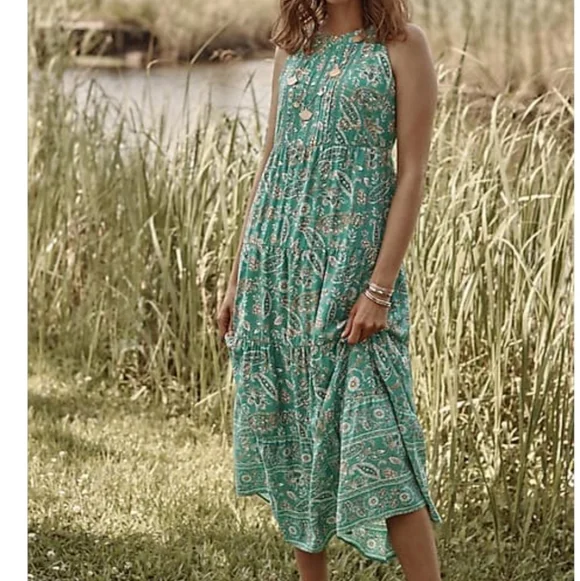 J. Jill Tiered Maxi Dress Light Oceanside Lovely Paisley Floral Teal Dress XL - Picture 1 of 8